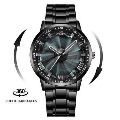 Sports Men Watch 43mm Red Rotating Dial Black Stainless Steel With Quartz Clock Simulation Car Hub 3Bar Daily Waterproof Watches