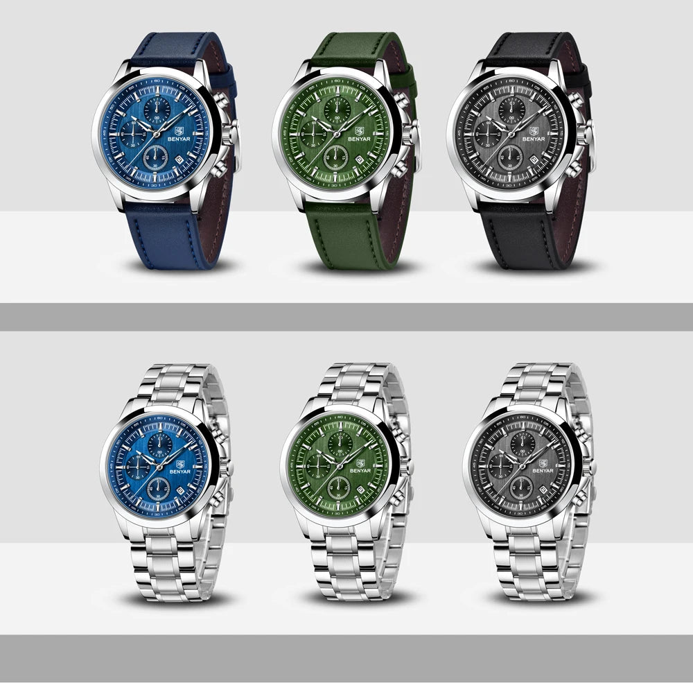 BENYAR Men's Watches Luxury Quartz Wristwatches Chronograph Watch Men Gifts Waterproof Stainless Steel Clock Reloj Hombre 2025