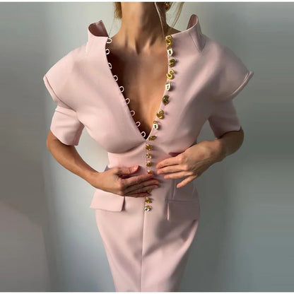 Women's High Neck Bodycon Midi Dress Short Sleeve Gold Button Split Hem Dresses 2026 Female Elegant Formal Evening Party Robe
