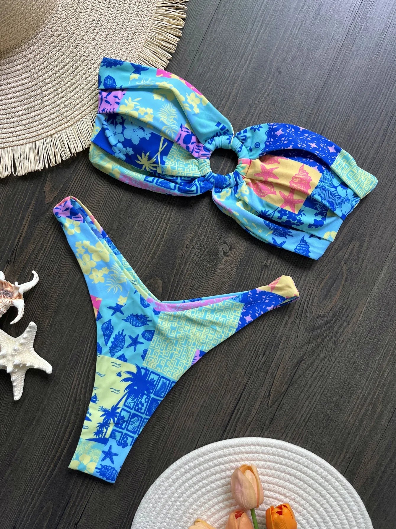 Sexy Colorful Floral Printed Bandeau Bikini Female Swimsuit Women Swimwear Two-pieces Bikini set Bather Bathing Suit Swim Lady