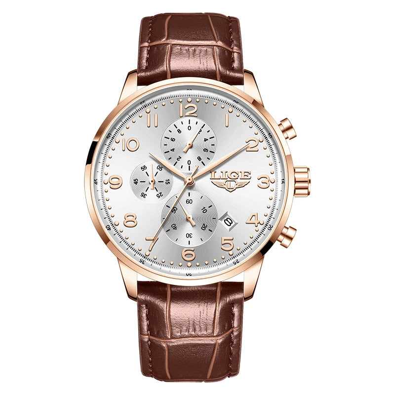 LIGE Casual Sports Watches For Men Fashion Business Leather Waterproof Quartz Men Watch Top Brand Luxury Military Chronograph
