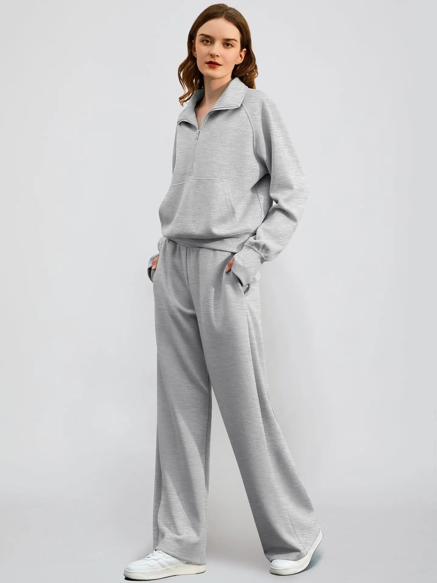 Woman Solid Color Half Zip Long Sleeve Sweatshirt and Wide Leg Pants Set Casual Sporty Two Piece Outfit