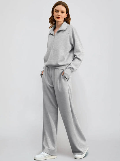 Woman Solid Color Half Zip Long Sleeve Sweatshirt and Wide Leg Pants Set Casual Sporty Two Piece Outfit