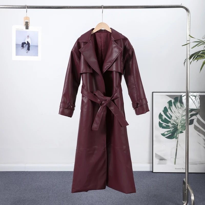 Street Pu Leather Women Long Coat Y2K Solid Belt Lapel Pocket Full Sleeve Female Jacket 2025 Autumn Winter Lady Outwear New