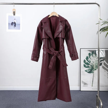Street Pu Leather Women Long Coat Y2K Solid Belt Lapel Pocket Full Sleeve Female Jacket 2025 Autumn Winter Lady Outwear New