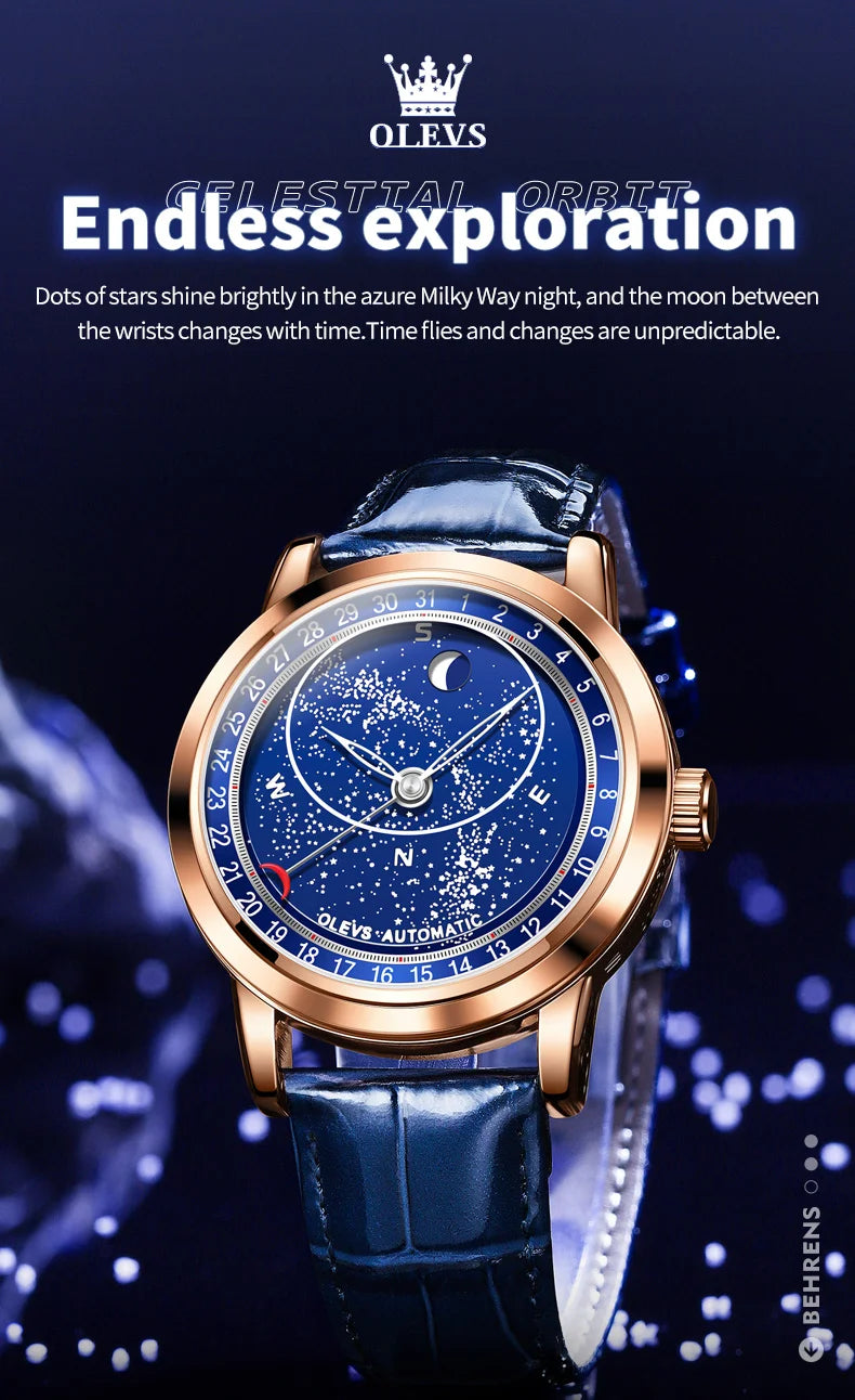 OLEVS 9923 Moon Phase Automatic Mechanical Watches for Man Fashion Leather Strap Waterproof Starry Sky Blue Luxury Men's Watches