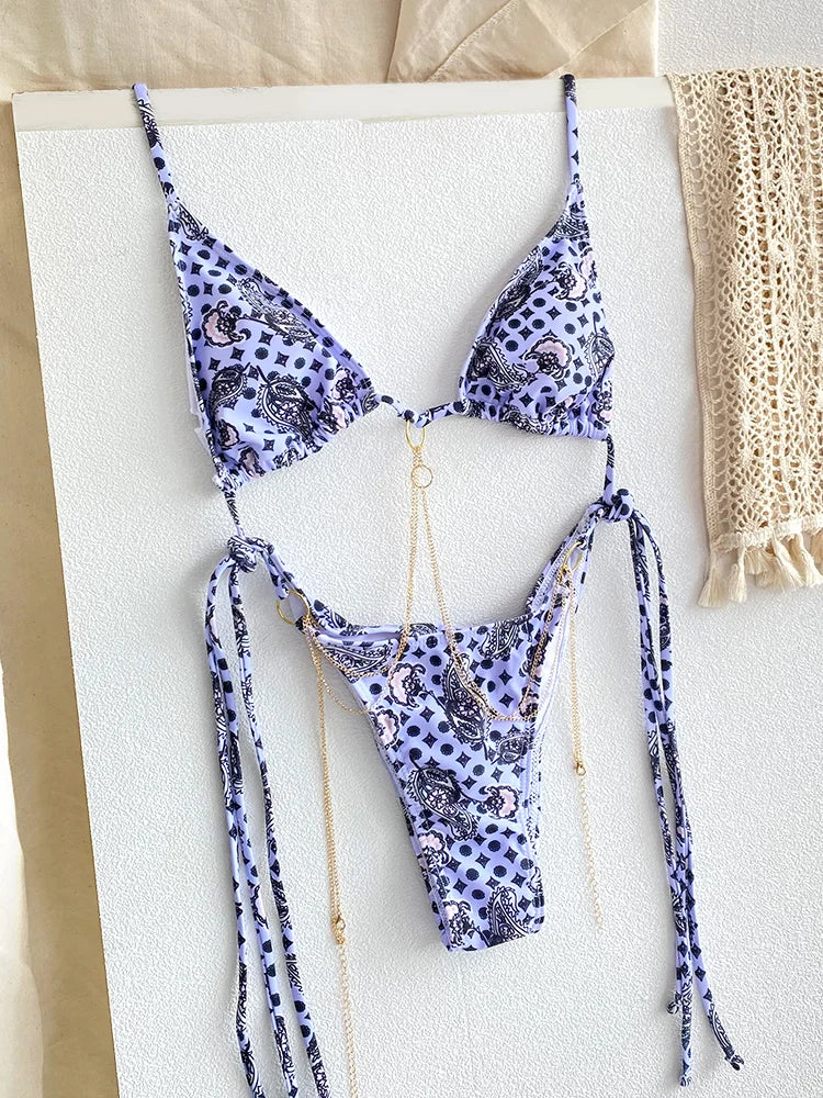 ZRTAK Micro Thongs Swimsuit Women Sexy Bikinis Bathing Suit Rings Biquini Bandage Beachwear Print Swimwear Sexy Bikini Sets