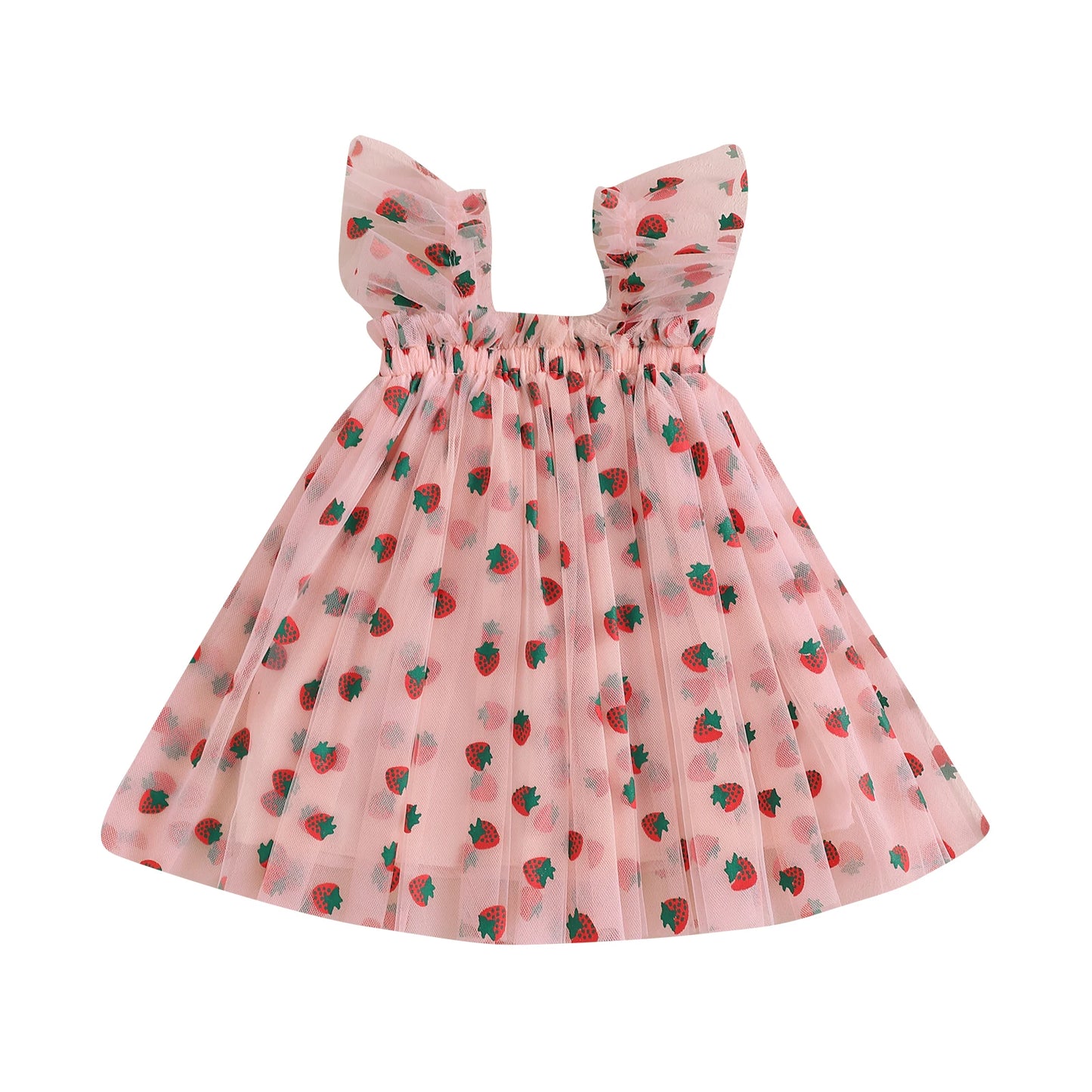 MISOWMNJOY Summer Baby Girls Chiffon Dresses Princess Sleeveless Clover Strawberry Print A-line Dress Mesh Tulle Kids Sundress