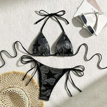 Halter Shiny Star Sequins Bikini 2025 Women Swimsuit Female Swimwear Two Pieces Bikini Set Brazilian Bathing Suit Swim Beachwear