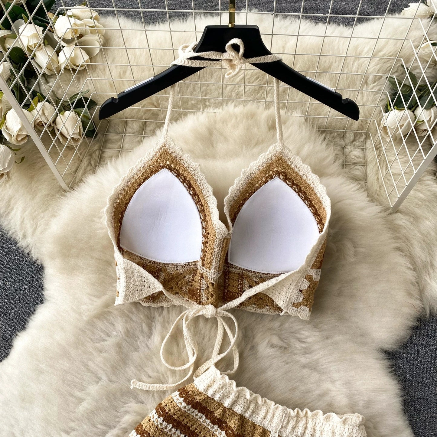 SINGREINY Summer Knit Beach Suit Women Short Camisole+ Hollow Out Wide Leg Shorts Fashion Vacation Stripe Casual Two Pieces Sets