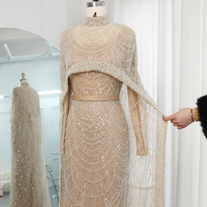 Sharon Said Luxury Pearls Dubai Champagne Evening Dresses with Cape New Arabic Women Mermaid Wedding Party Prom Dress SS369