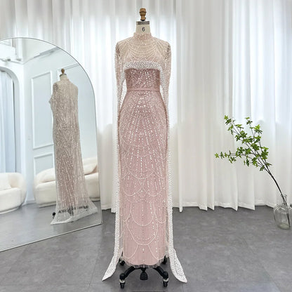 Sharon Said Luxury Pearls Dubai Champagne Evening Dresses with Cape New Arabic Women Mermaid Wedding Party Prom Dress SS369