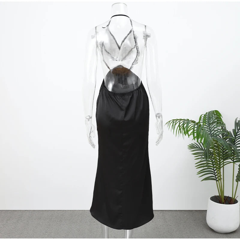 Black Lace Patchwork Satin Backless Dress Women Sexy Strapless Off-Shoulder Maxi Fishtail Dresses 2026 Lady Chic Party Vestido