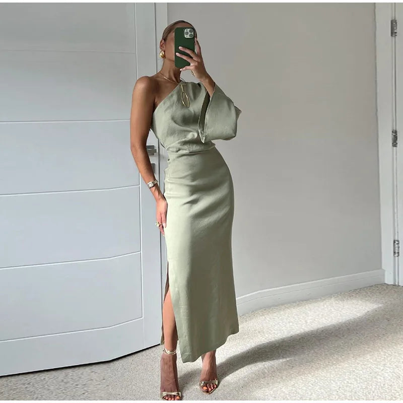 Sexy Women One Shoulder Long Sleeve Dresses Elegant Backless Split Side Slit Bodycon Dress 2023 Fashion Pleated Ladies Robe