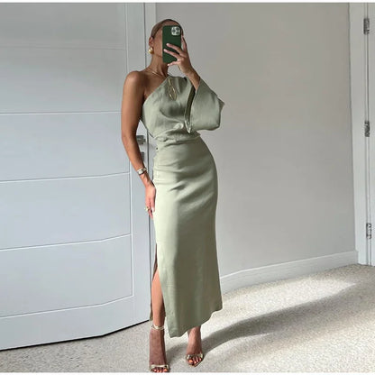 Sexy Women One Shoulder Long Sleeve Dresses Elegant Backless Split Side Slit Bodycon Dress 2023 Fashion Pleated Ladies Robe