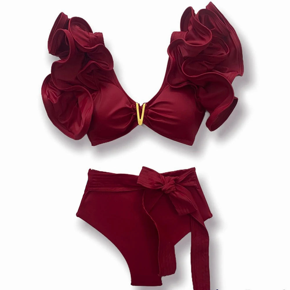Two-Pieces Women Floral 2025 Push-Up Padded Bra Ruffles Bandage Bikini Set Swimsuit Swimwear Bathing Suit Beachwear Biquini