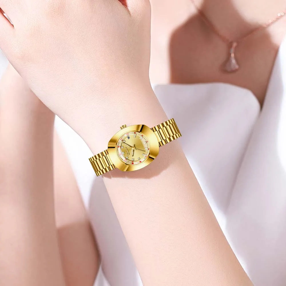 CHENXI Couple's Matching Quartz Watches Gold-Tone High-Fashion Diamond-Studded Waterproof Steel Bracelet Timepieces