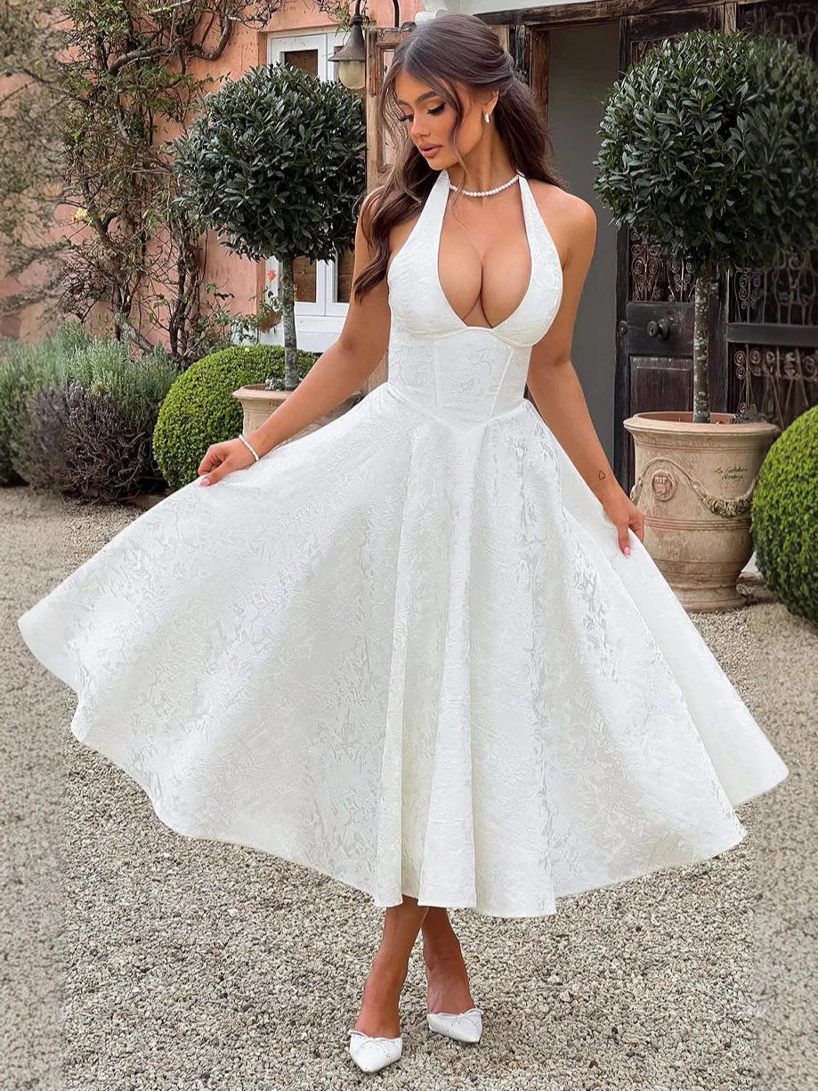 Solid Backless Lace Up A-line Dress Women Sleeveless Deep V-neck High Waist Pleated Midi Dresses Lady Evening Party Robes 2026