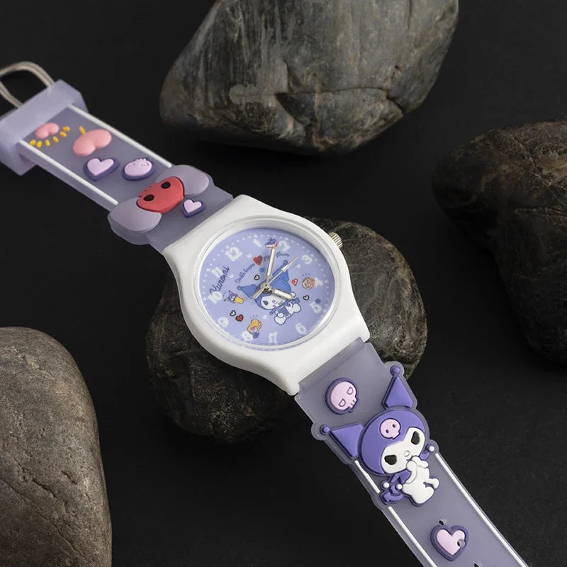 Sanrio 3D Pattern Children's Watch Cinnamoro Hello Kitty Waterproof Quartz Watch Kuromi Cartoon Silica Gel Watchband Kids