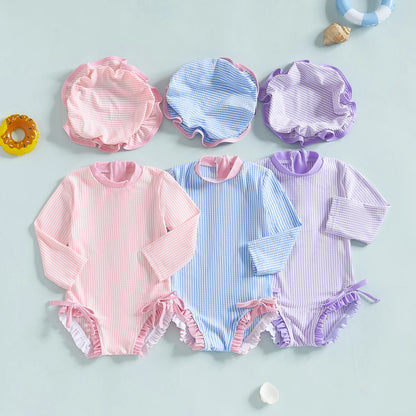 MISOWMNJOY Infant Baby Girls Summer Swimsuit with Hat Toddler Striped Long Sleeve Zipper Bathing Suit Children Beach Swimwear