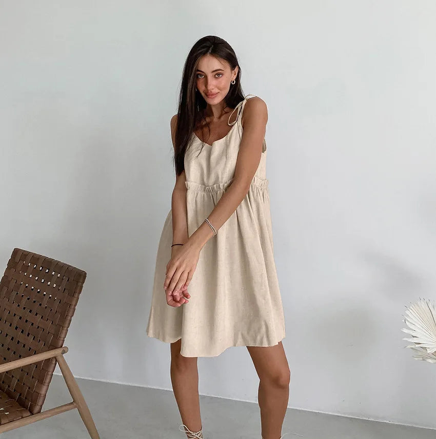 Solid Color Leace-up Spaghetti Strap Dresses Women Fashion Folds A-line Mini Dress Temperament Lady Commuting Short Vestidos New