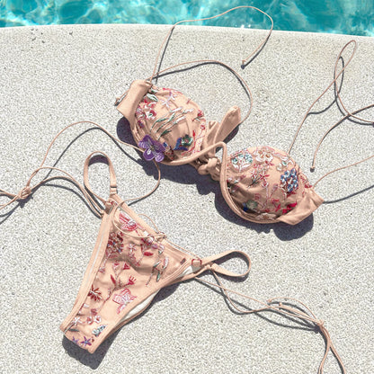 Mesh Bikini with Pants Swimsuit Brazilan Bikini Set Swimwear for Women Lace Halter Shirring 3 Pcs Bathing Suits Summer Female
