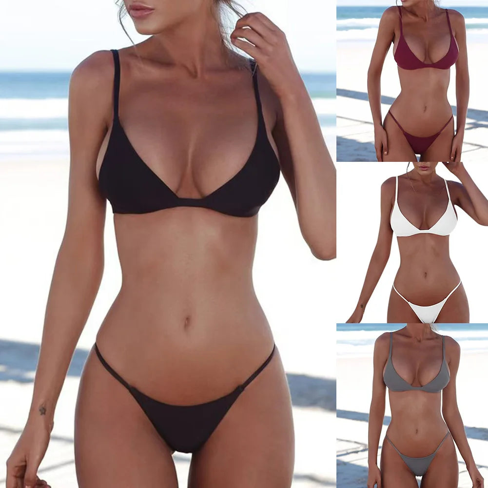 Womens Bikini Set Summer Swimsuit New Solid Color Two-piece Swimsuit Suit Fashion Casual Versatile Bikini Beachwear Bathing Suit