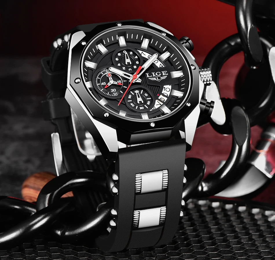 LIGE Fashion Men Watches Top Brand Luxury Silicone Sport Watch Men Quartz Date Clock Waterproof Wristwatch Chronograph Clock Man
