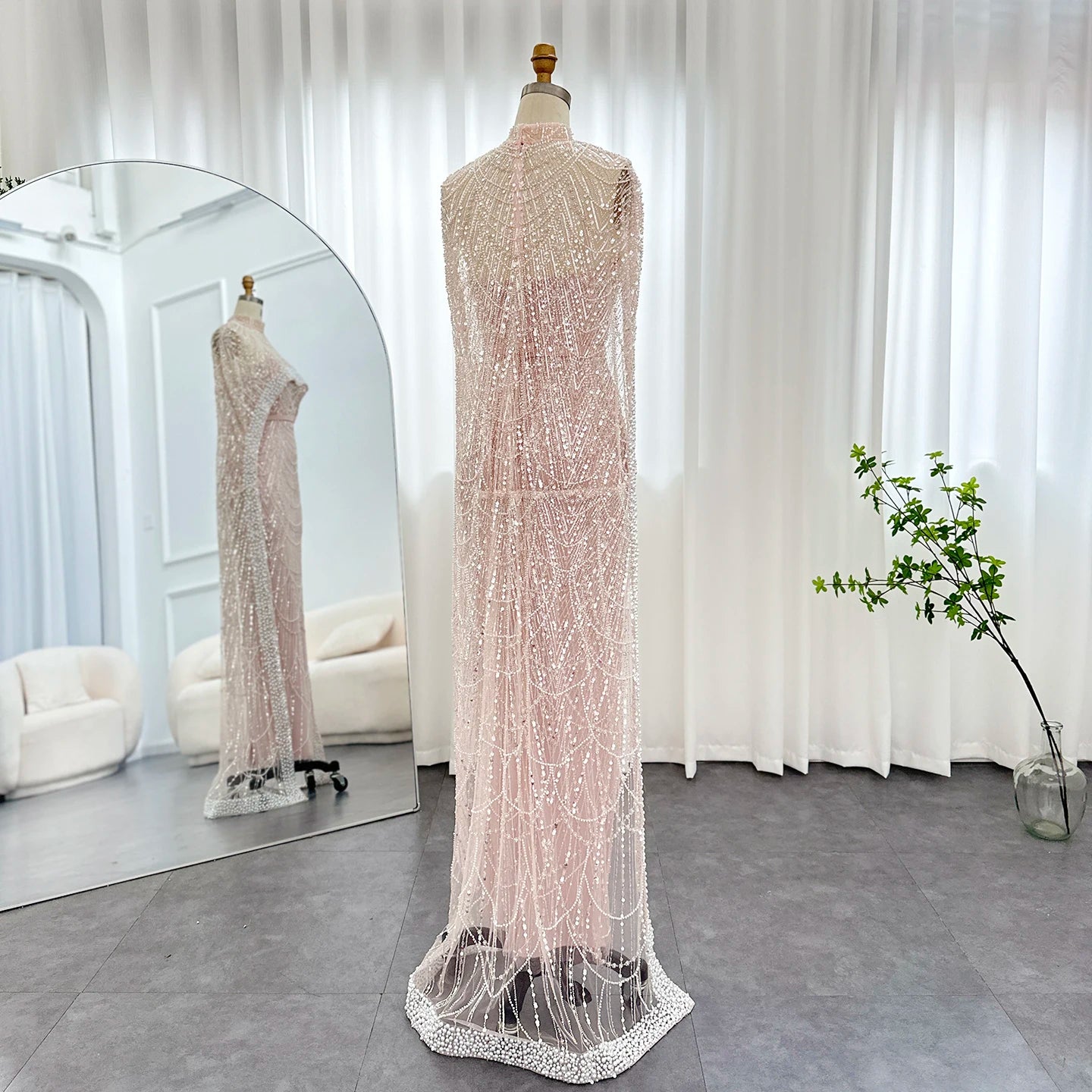 Sharon Said Luxury Pearls Dubai Champagne Evening Dresses with Cape New Arabic Women Mermaid Wedding Party Prom Dress SS369