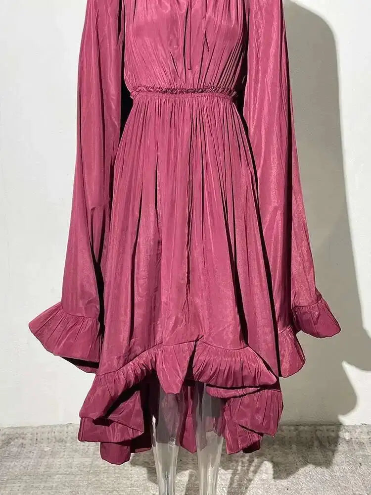 IEQJ Elegant Big Swing Irregular Ruffles Party Maxi Dresses For Women Cloak Sleeves Spliced Lace Up Pleated Dress 2025 New