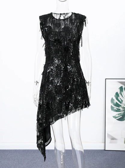 Women Dress Female Clothing Evening Dresses Sleeveless Sequin Dress Sexy Mini Dresses Fringe Hem Gown Trendy Party Clothes