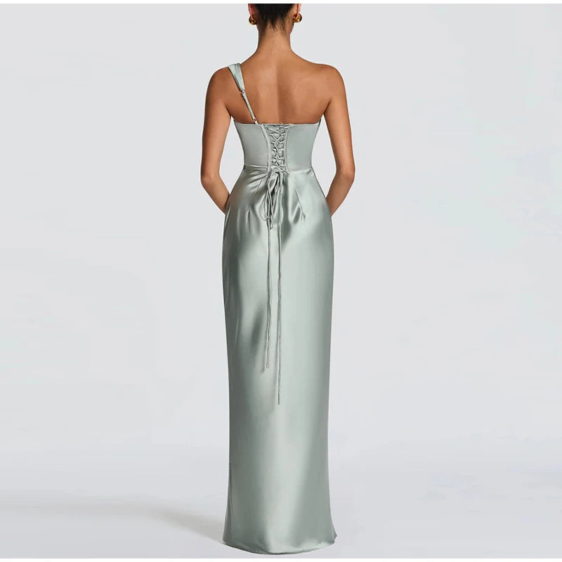 One Shoulder Satin Women 's Maxi Dress Cowl Neck Ruched Waist Bodycon Dresses 2026 Summer Woman Formal Evening Party Vestidos