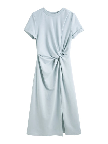 ZIQIAO Women Solid Long Dress 2025 Summer New Casual Round Neck T-Shirt Dresses Grey Short Sleeve X-LINE Dress 25ZQ92026