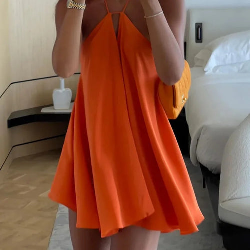 Women Summer Dress Solid Color Sling Spot Europe Sexy Deep V-neck Halter Loose A-line Woman Mini Dresses Vestidos MBR7108