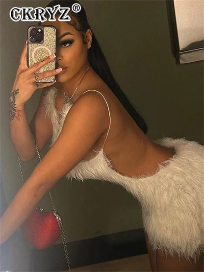 Ladies Summer Feather New Fashion Birthday Party Dress Women Sleeveless Backless Mini Dresses Woman Clothes Club Streetwear 2025