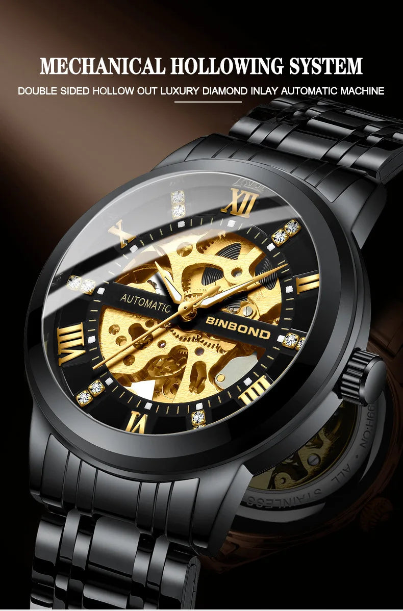 Bindond Mens Automatic Mechanical Watches Top Brand Luxury Stainless Steel Waterproof Hollow Male Wristwatches Relogio Masculino