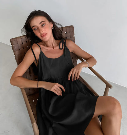 Solid Color Leace-up Spaghetti Strap Dresses Women Fashion Folds A-line Mini Dress Temperament Lady Commuting Short Vestidos New