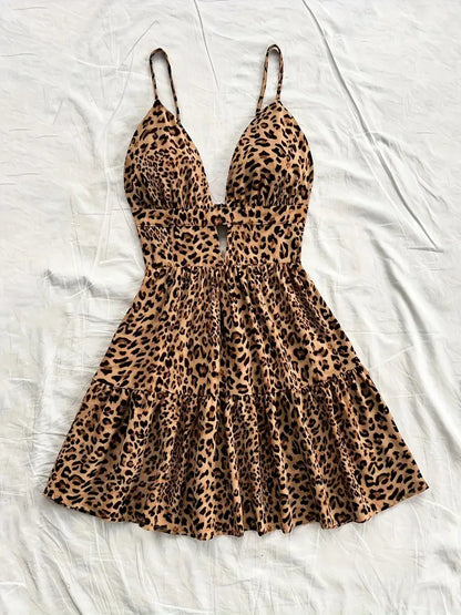 4-Color Leopard Printed Sexy Camisole Dress Women Sleeveless Backless Mini Dress Summer Vacation Dresses