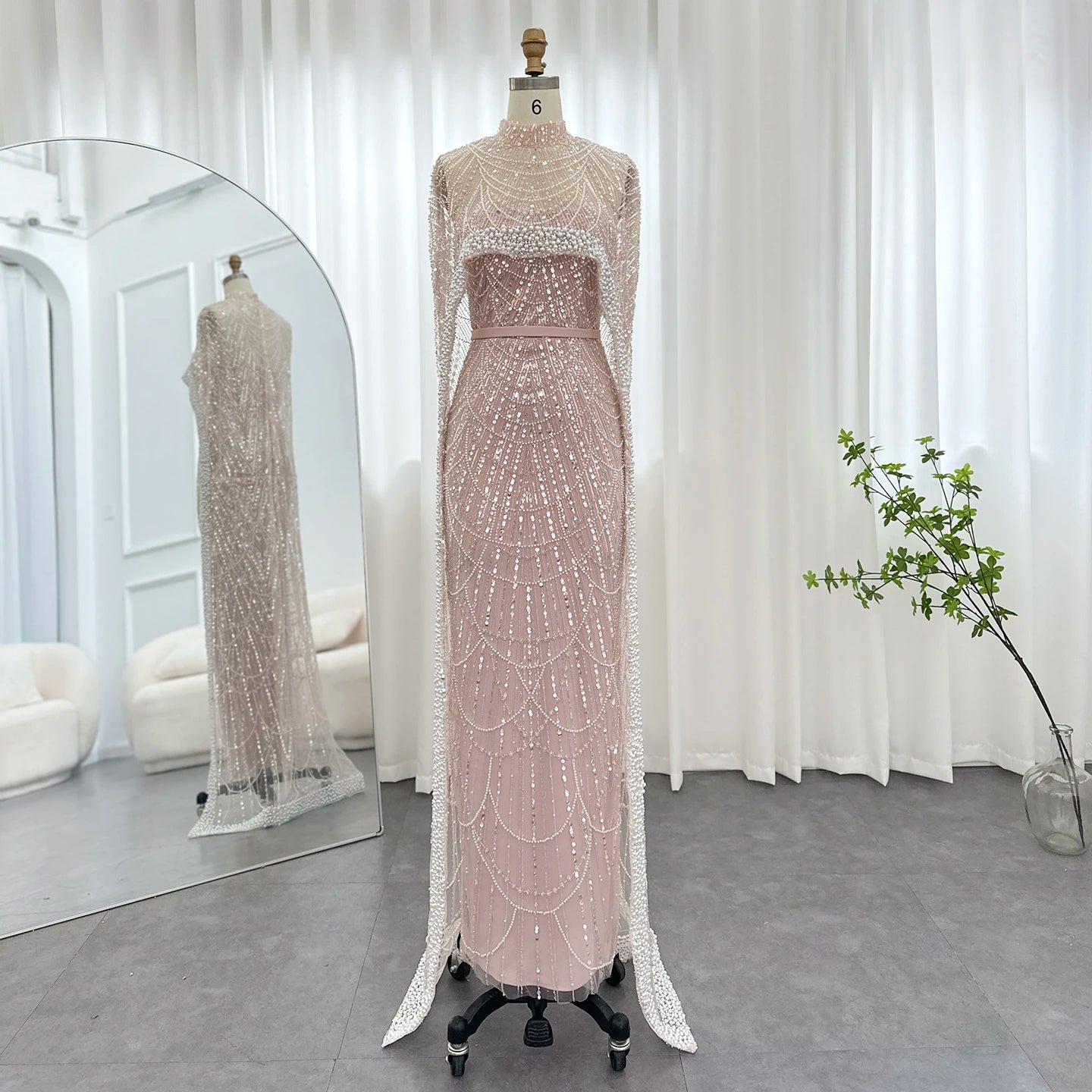 Sharon Said Luxury Pearls Dubai Champagne Evening Dresses with Cape New Arabic Women Mermaid Wedding Party Prom Dress SS369