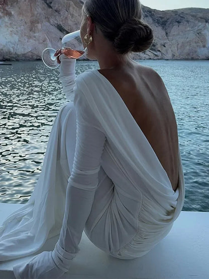 Chic Backless White Long Sleeved Slim Fit Dress for Women Pleated Elegant Round Neck Long Dresses 2024 New Female Evening Gowns