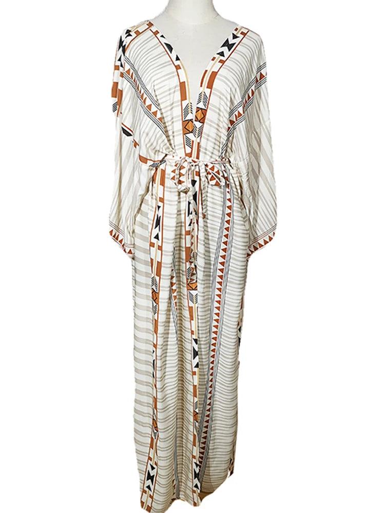 2025 Beach Kimono Cover-up Loose Swimsuit Cover Up Front Open Belt Kaftan Robe Plage Beach Pareos Dress Tunic Beach Wear