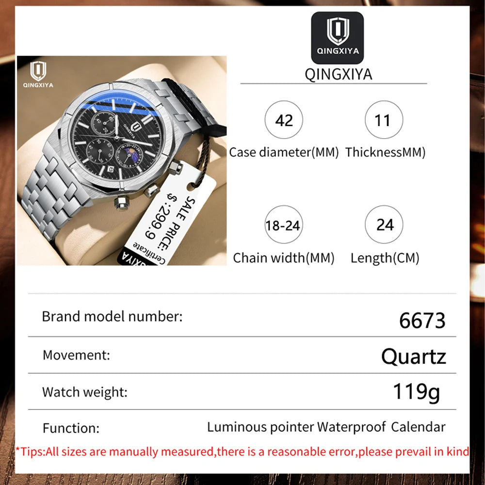 QINGXIYA Luxury Chronograph Quartz Watch Men Sport Military Watch For Men Waterproof Luminous Date Stainless Steel Men's Watches