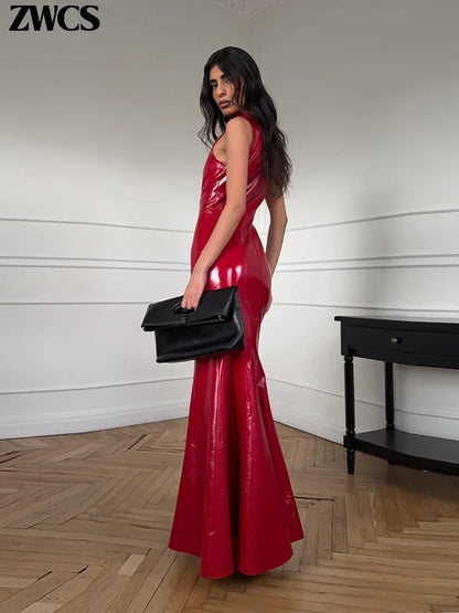 Sexy Turtleneck Leather Long Dresses 2026 Spring New Ladies Slim Sleeveless Bodycon Dress Women's Solid Nightclub Party Gowns