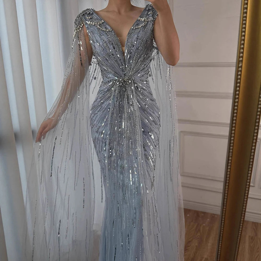 Serene Hill 2025 Turquoise Mermaid Evening Dresses Gowns With Beaded  Cape For Women's Wedding Party LA72168A Customized