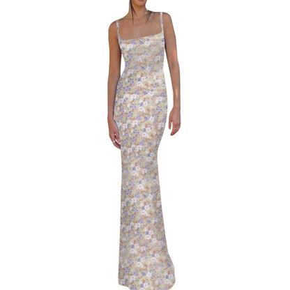 New Fashion Women´s Sexy Dress, Spaghetti Strap Sleeveless Backless Slim Fit Floral Printed Long Dresses