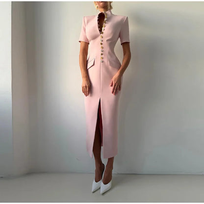 Women's High Neck Bodycon Midi Dress Short Sleeve Gold Button Split Hem Dresses 2026 Female Elegant Formal Evening Party Robe