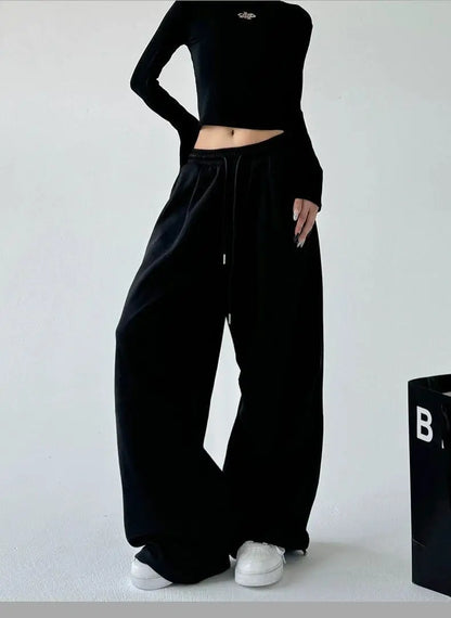 2025 New Harajuku Wide Leg Sweatpants Women Streetwear Baggy Oversize Gray Sports Pants Woman Drawstring Casual Joggers Trousers