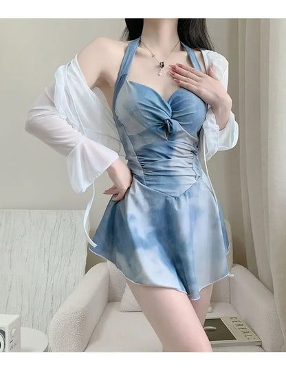 New Tenderness Sweet Cute Blue Halter Bikinis Swimsuit Aesthetics Fashions Slim Onsen Conservative Swimwear Bikinis Set