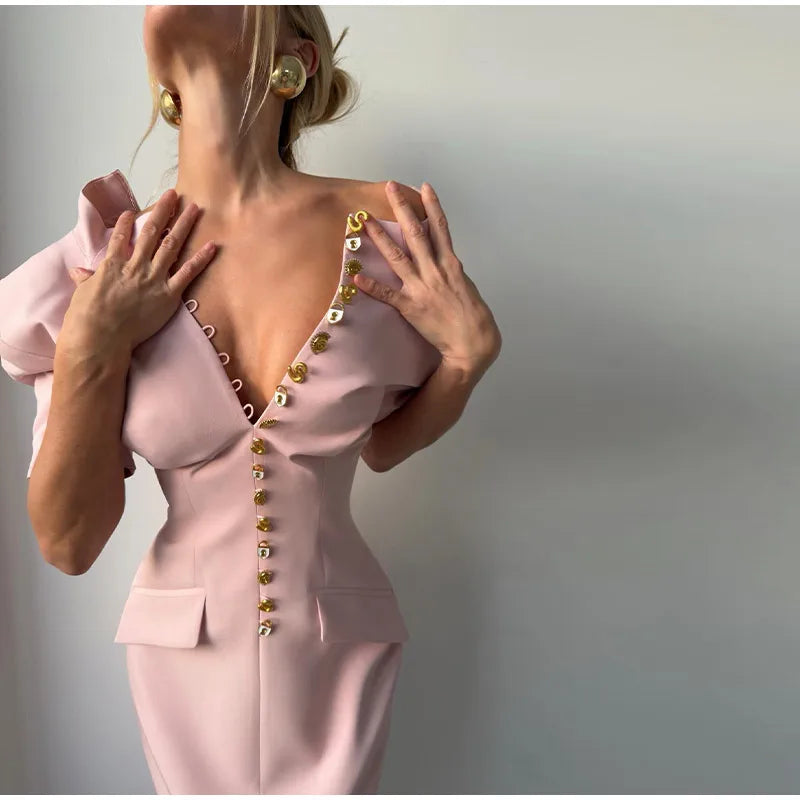 Women's High Neck Bodycon Midi Dress Short Sleeve Gold Button Split Hem Dresses 2026 Female Elegant Formal Evening Party Robe