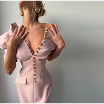 Women's High Neck Bodycon Midi Dress Short Sleeve Gold Button Split Hem Dresses 2026 Female Elegant Formal Evening Party Robe